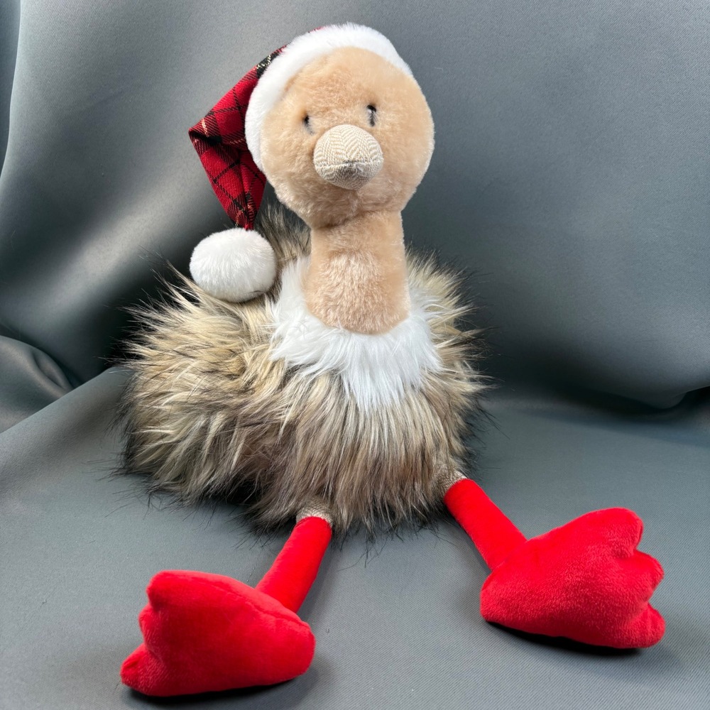 Pier 1 Imports Plush Ostrich Holiday Decor Tan Red Santa Hat Christmas 12" - Picture 1 of 16